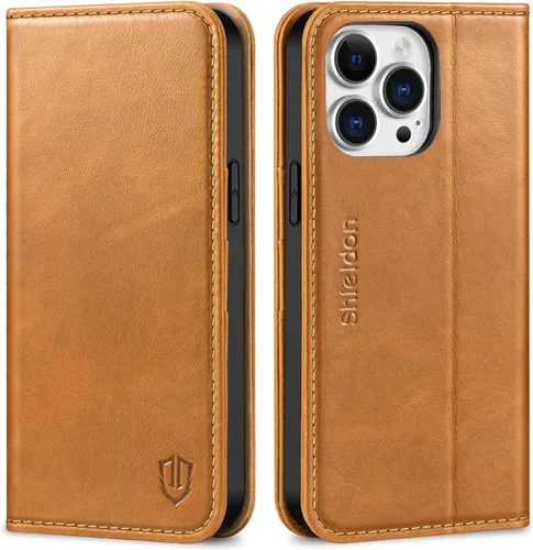 Vista 11 de SHIELDON Funda para iPhone 14 Pro Max 5G de 6.7 pulgadas, funda de cuero genuino tipo cartera con tapa con bloqueo RFID, ranuras para tarjetas, Negro