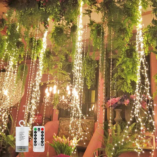 Vista 9 de SHUKAN - Serie de 220 luces LED de luciérnaga que funcionan con pilas, 8 modos intermitentes, luces en cascada de alambre de cobre, guirnalda