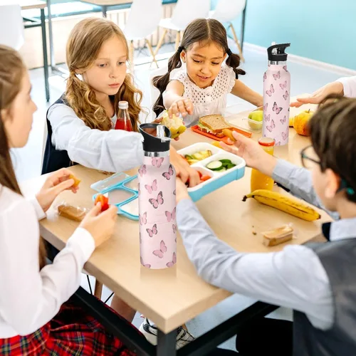 Vista 6 de Pink Butterfly Lightweight Water Bottles with Straw Double Wall Vacuum Insulated Bottles for Travel, Camping, Sports