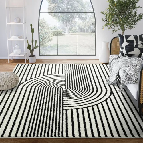 Vista 10 de Alfombra de Área de la Colección Nuevo de Abani - Diseño de Nudo de Arco Blanco y Negro de Mediados de Siglo - 2' x 3' - para Sala de Estar