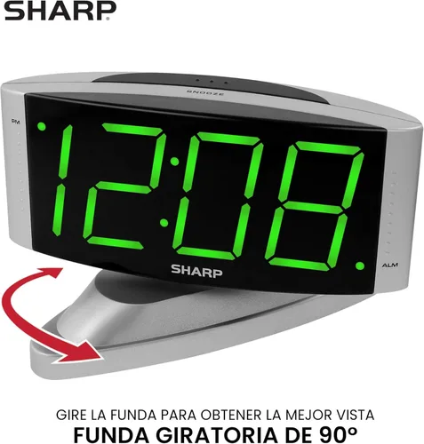 Vista 2 de Sharp Reloj despertador digital LED para el hogar, base giratoria, alimentación de toma, operación simple, alarma, repetición, atenuador de brillo