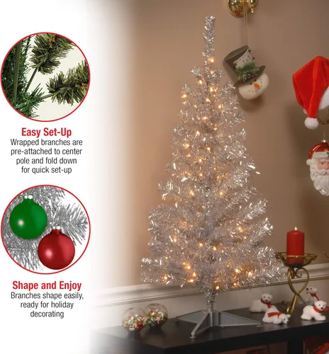 Vista 4 de Árbol de Navidad, de 4 pies, con hojas de espumillón azules, soporte plástico y 70 luces claras (TT33-304-40), de National Tree