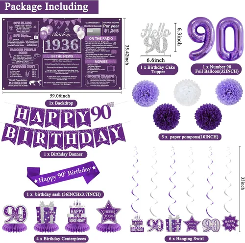 Vista 2 de Crenics Decoraciones moradas de cumpleaños 90 para mujer, telón de fondo, pancarta, remolinos, centros de mesa, banda, pompones de papel, decoración