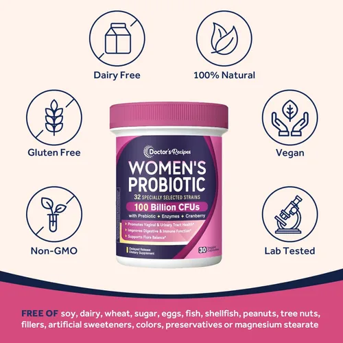 Vista 5 de Doctor's Recipes - Probiótico para mujeres, 30 cápsulas con 100 mil millones de UFC, 32 cepas, con prebióticos orgánicos sabor arándano, para salud