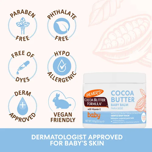 Vista 5 de Palmer's Bálsamo para bebé, fórmula de manteca de cacao, crema hidratante para bebés, 3.5 oz, nutritiva para piel seca, eczema, costra láctea