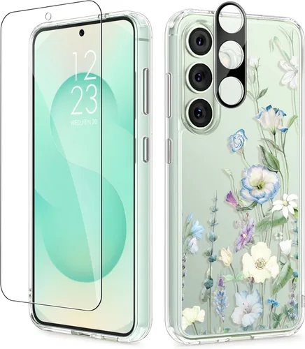 Vista 36 de GVIEWIN Funda protectora para Samsung Galaxy S25, transparente floral, delgada, a prueba de golpes, para mujer, no se pone amarilla, con protector