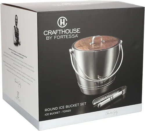 Vista 4 de Crafthouse by Fortessa Charles Joly Professional Barware - Cubo de hielo redondo de acero inoxidable con pinzas