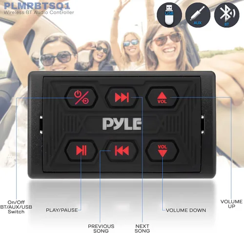Vista 2 de Pyle PLMRBTSQ1 - Radio Bluetooth para automóvil, receptor marino impermeable, entradas USB y AUX, clasificación IPX6, montaje universal, incluye