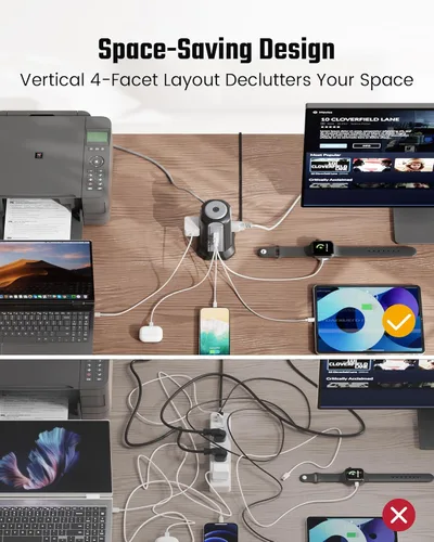 Vista 5 de Tira de alimentación con protector de subida de tensión en torre, estación de carga de escritorio SUPERDANNY, cable de extensión de enchufe plano