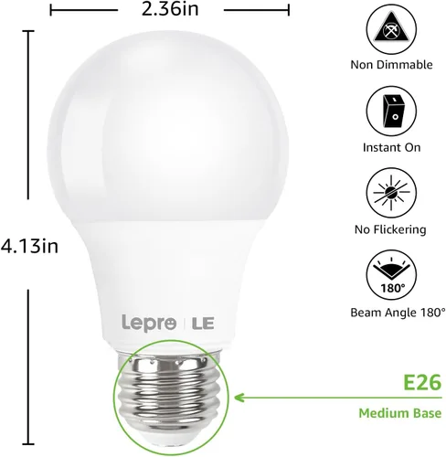 Vista 4 de Lepro Bombillas LED equivalentes a 60 vatios, 9 W, 800 lúmenes, no regulables, blanco cálido 2700 K, base media estándar A19 E26, 10000 horas