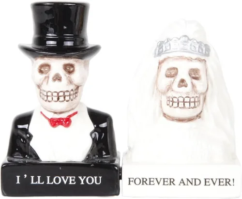 Pacific Giftware Love Never Dies Bride and Groom Day of the Dead Skeleton Couple - Juego de salero y pimentero magnético, caja de regalo de cerámica