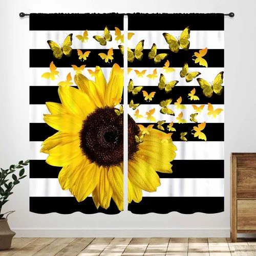 Vista 11 de Cortinas rústicas de cocina de girasol, tablón de madera de campo de campo amarillo, floral, abeja, libélula mariposa, retro, casa rural, Girasol-11