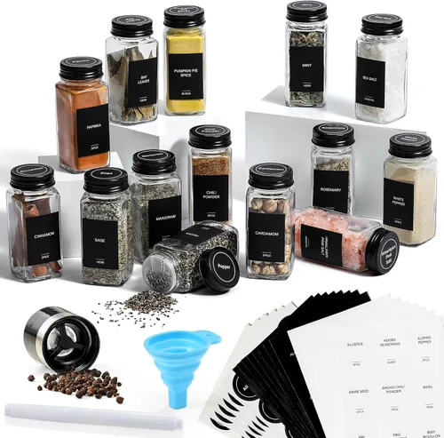 Aozita - 14 tarros para especias de vidrio con tapas negras, botellas vacías cuadradas de 4 oz y etiquetas de especias, tapas negras de coctelera y