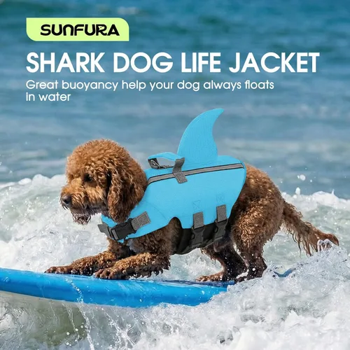 Vista 7 de Chaleco salvavidas para perros de tiburón, chaleco salvavidas ajustable con alta flotabilidad, salvavidas de seguridad con asa de rescate para Azul