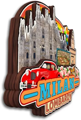 Vista 2 de Imán para nevera de Milán Lombardía Italia, colección de madera, madera 3D, hecho a mano, recuerdos de la ciudad de viaje, imán para nevera