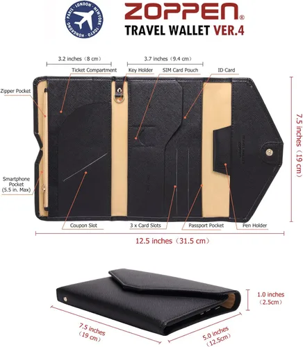Vista 6 de Zoppen - Billetera de viaje con bloqueo RFID multiusos (Ver.4) Portatarjetas de pasaporte y vacunas, organizador de documentos de tres pliegues