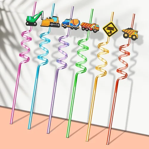 Vista 2 de 24 pajitas de plástico reutilizables de construcción excavadora niveladora licuadora camión para construcción CraneTheme suministros de fiesta