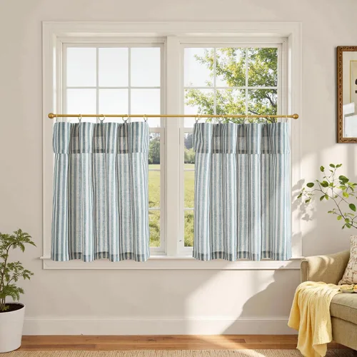 Vista 58 de jinchan - Cortinas de lino a rayas para cocina de 20 pulgadas de largo, cortinas de varios niveles, estilo granja moderna de café, tratamientos