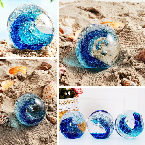 Vista 4 de EUSTUMA Figuras de vidrio soplado a mano, olas del océano, bola de vidrio pisapapeles, decoración del hogar coleccionable, decoración de acuario