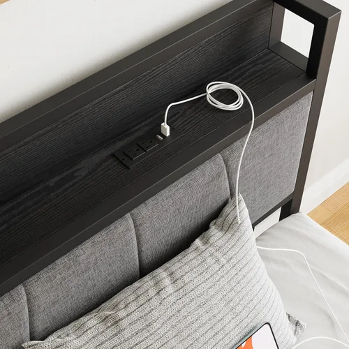 Vista 50 de BOFENG Base de cama de tamaño matrimonial con cabecera de almacenamiento, estación de carga USB, plataforma de metal resistente, marco de cama doble