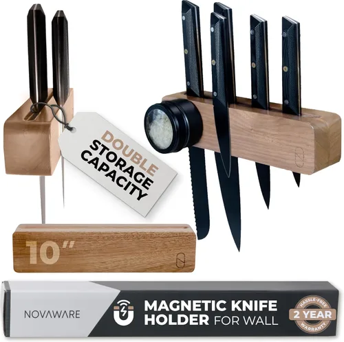Soporte magnético premium para cuchillos de 10 pulgadas para pared con 2x almacenamiento y madera encantadora - Tira magnética para cuchillos,