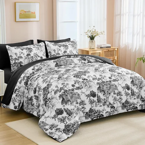 Vista 2 de DJY Juego de edredón de cama Queen en negro, 7 piezas de edredón negro y blanco tamaño Queen con elegante impresión de plantas botánicas