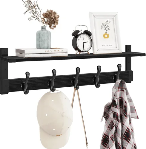 Homode Perchero de Pared con Estante, Perchero Colgante de 29 Pulgadas con Almacenamiento, Estante de Entrada con Ganchos para Colgar Abrigos, Negro