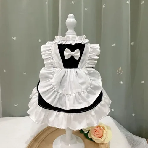 Vista 5 de Disfraz de sirvienta para mascotas, vestidos de princesa para gatos, perros, fiesta de cumpleaños, color negro y blanco, talla XS