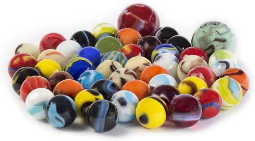Canicas de vidrio marmoladas, 50 unidades (48 jugadores y 2 cañones), varios colores, estilos y acabados, con las reglas de juego de canicas