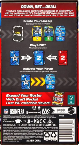 Vista 6 de Mattel Games UNO Elite - Juego de cartas de la NFL, edición central con licencia oficial 2024 con 4 tarjetas coleccionables de aluminio