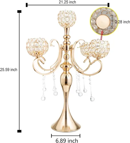 Vista 5 de Candelabro dorado de 5 brazos de 26 pulgadas de alto, candelabros con cuentas de cristal para centro de mesa, boda, fiesta, cena, eventos formales