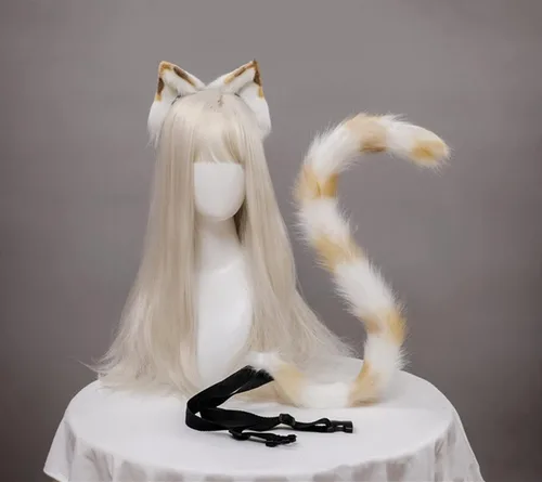 Vista 2 de Fxaelian Juego de 2 diademas largas de cola y orejas de gato para cosplay, accesorios de disfraz