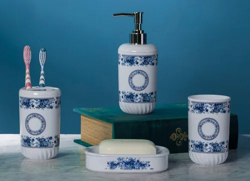 Vista 4 de Basicwise Juego de accesorios de baño de 4 piezas, incluye dispensador de jabón, soporte para cepillo de dientes, vaso y jabonera (blanco)