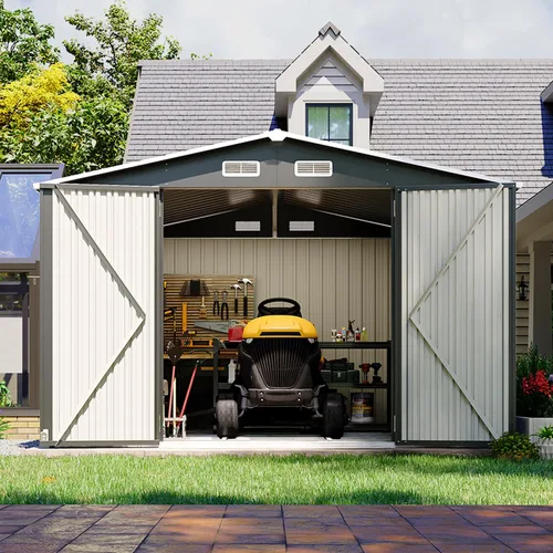 Vista 40 de Cobertizo de almacenamiento de metal negro de 10 x 10 pies, cobertizo de herramientas duradero para exteriores con construcción de acero resistente