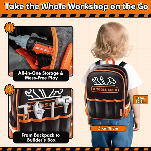 Vista 4 de KidBloom Juego de herramientas para niños con mochila, 50 herramientas de simulación para niños pequeños con taladro de juguete electrónico, casco