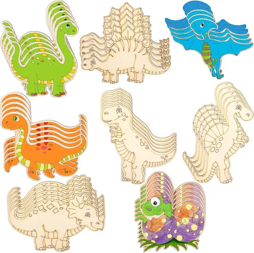 Vista 8 de Jetec 24 piezas de dinosaurios sin terminar recortes de madera de animales de pintura de madera para niños, suministros de fiesta de cumpleaños
