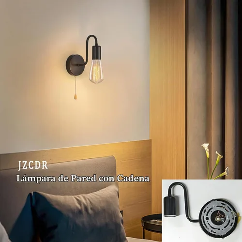 Vista 4 de Lámpara de Pared Retro Ajustable con Interruptor de Cadena de Tracción, Accesorio de Luces de Pared Negras Vintage con Interruptor de Encendido