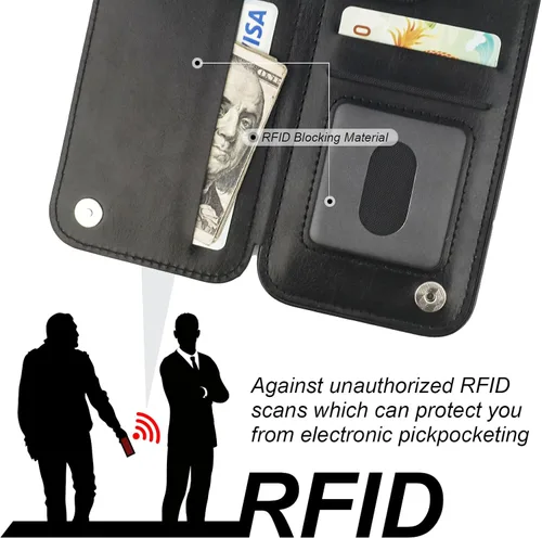 Vista 6 de ONETOP Funda tipo cartera para iPhone 15 Pro con soporte para tarjetas, anillo de rotación de 360°, función atril, bloqueo RFID, piel sintética