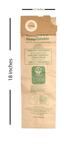 Vista 2 de Janitized COM-Wiver-4 (5) Bolsa de vacío comercial de repuesto de papel compostable para Windsor Versamatic, Karcher/Tornado: CW50 y CW100