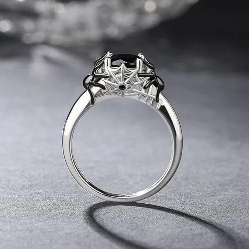 Vista 4 de Jeulia Anillo de plata de corte redondo anillo gótico de plata de ley Hug Me araña negra, anillo de moda para aniversario, compromiso, boda