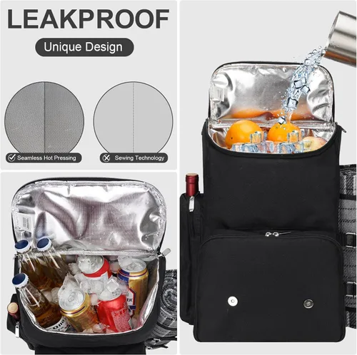 Vista 3 de Mochila de picnic para 2 personas con gran bolsa enfriadora aislada, juego de cesta de picnic con bolsa para vino, manta de picnic impermeable