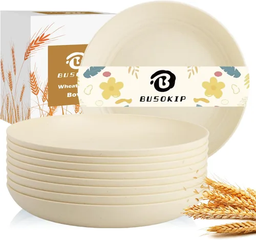 Juego de 8 Platos Hondos para Cena, Plato de Paja de Trigo de 9 Pulgadas, Plato de Plástico Ligero e Irrompible Reutilizable, Apto para Microondas y