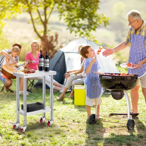 Vista 8 de Vevor Mesa de trabajo de acero inoxidable con ruedas de 24 x 12 x 32 pulgadas, mesa de preparación con 4 ruedas, mesa de trabajo resistente