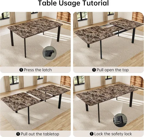 Vista 7 de HIPIHOM Juego de mesa de comedor extensible para 6-8 personas, mesa de cocina MDF de 63 a 78.7 pulgadas con 6 sillas tapizadas, ahorro de espacio