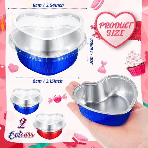 Vista 2 de Honeydak 100 juegos de moldes para hornear con forma de corazón, mini molde de aluminio de 3.4 onzas, lata desechable para cupcakes con tapas