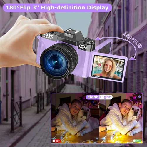 Vista 4 de Cámara digital para fotografía, cámara de vlogging 4K 56MP para YouTube, pantalla abatible de 180° de 3 pulgadas, zoom digital