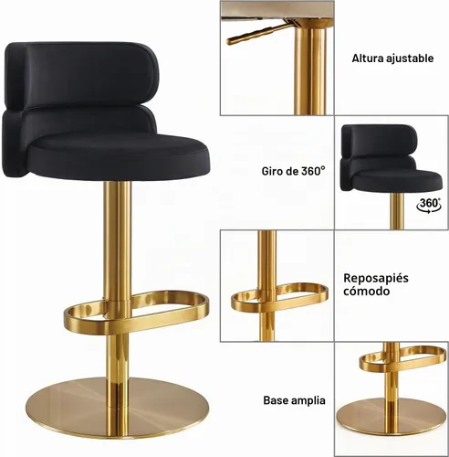 Vista 4 de Taburetes de bar de terciopelo modernos giratorios de altura ajustable para encimera de cocina, taburetes de bar con reposapiés para sala de estar