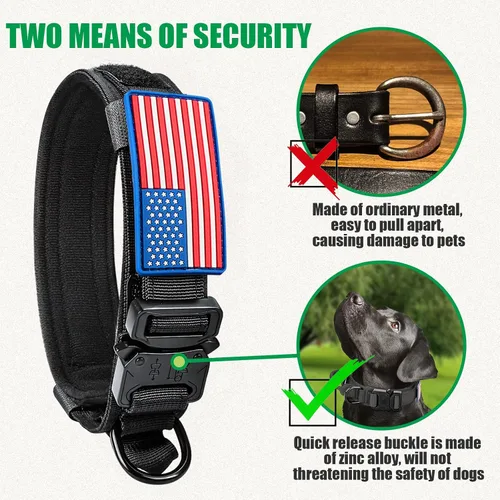 Vista 3 de Collar táctico militar - De nylon ajustable, hebilla de metal resistente con asa para entrenamiento de perros, con parches (M, Negro)