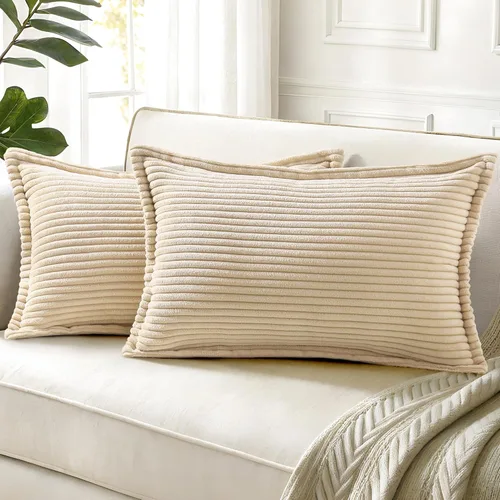 Vista 25 de decorUhome - Juego de 2 fundas de cojín de pana decorativas, suaves, estilo bohemio y rural europeo, para sala, cama, sofá, fundas de cojín a rayas