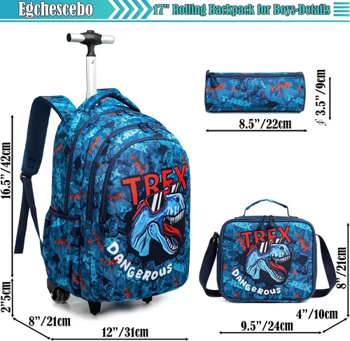 Vista 2 de Egchescebo Mochila con ruedas para niños, 3 unidades, con ruedas, carrito con ruedas, Azul-2, Mochilas de viaje